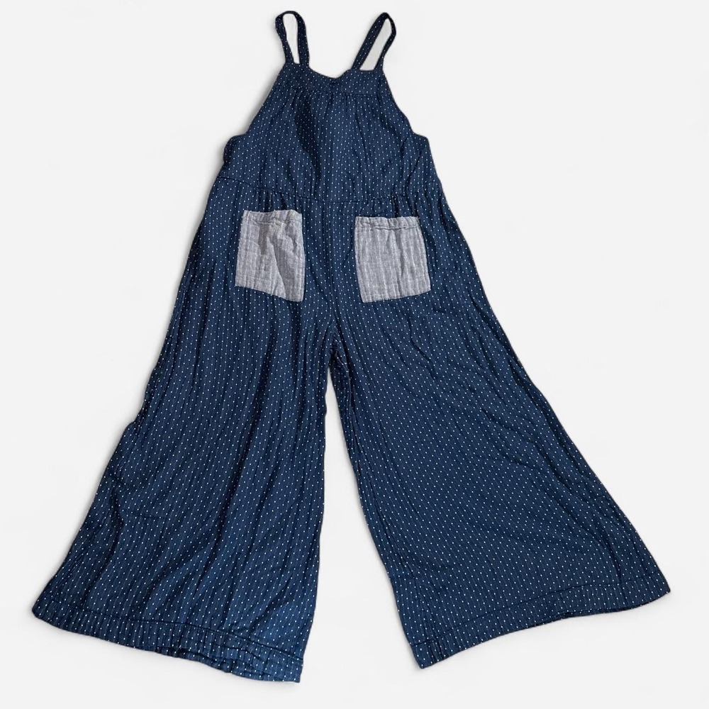 NWOT Natural Life Women Cotton Tie Overalls Navy Polka Dots Wide Leg Jumpsuit L